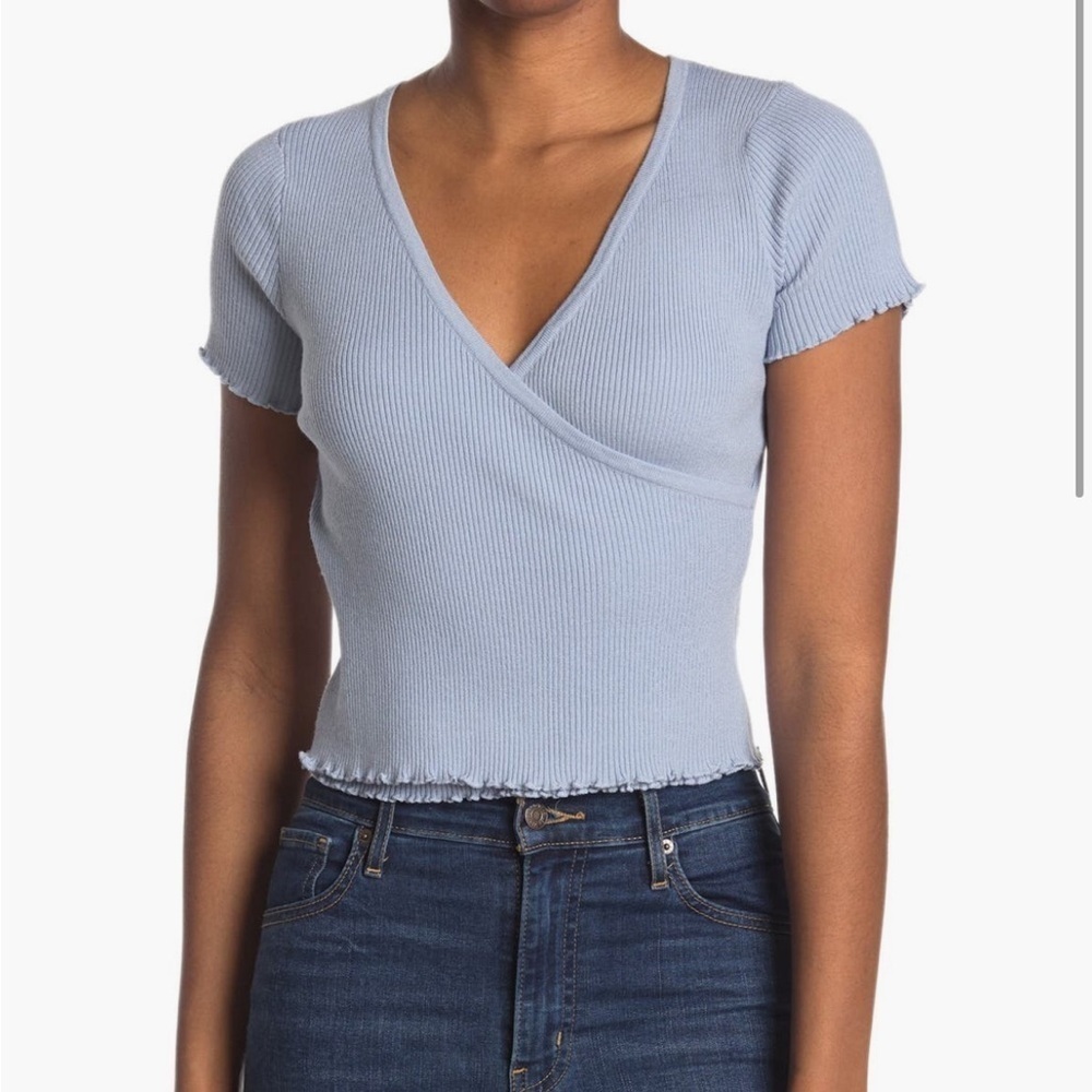 All in Favor Short Sleeve Ribbed Crop Top Blue Size L